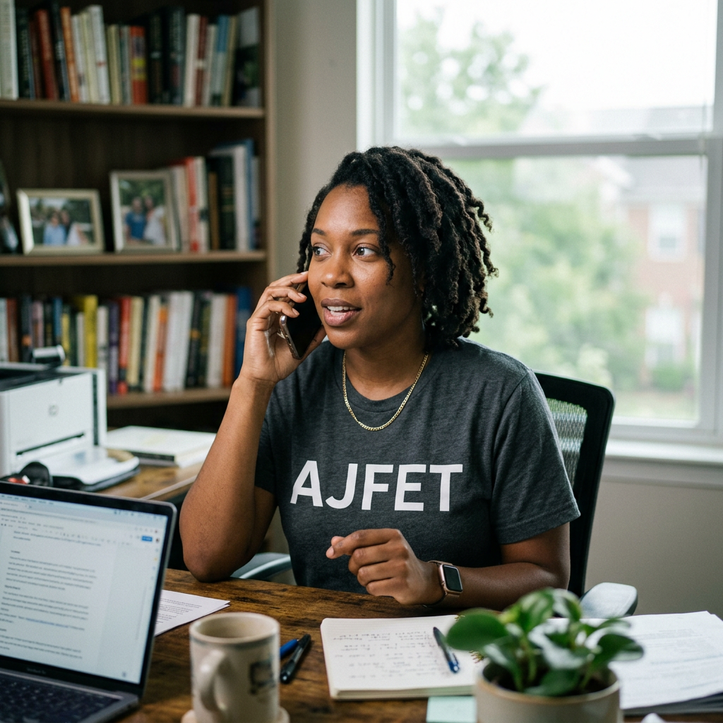 Woman in gray AJFET shirt talking on phone at desk with laptop, notebook, and coffee