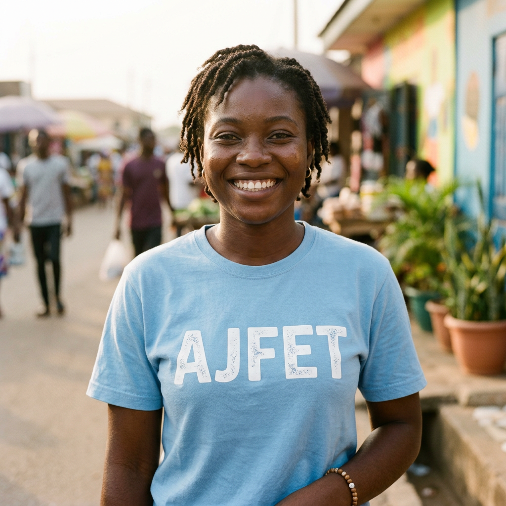 Young woman smiling in blue AJFET T-shirt on a busy street