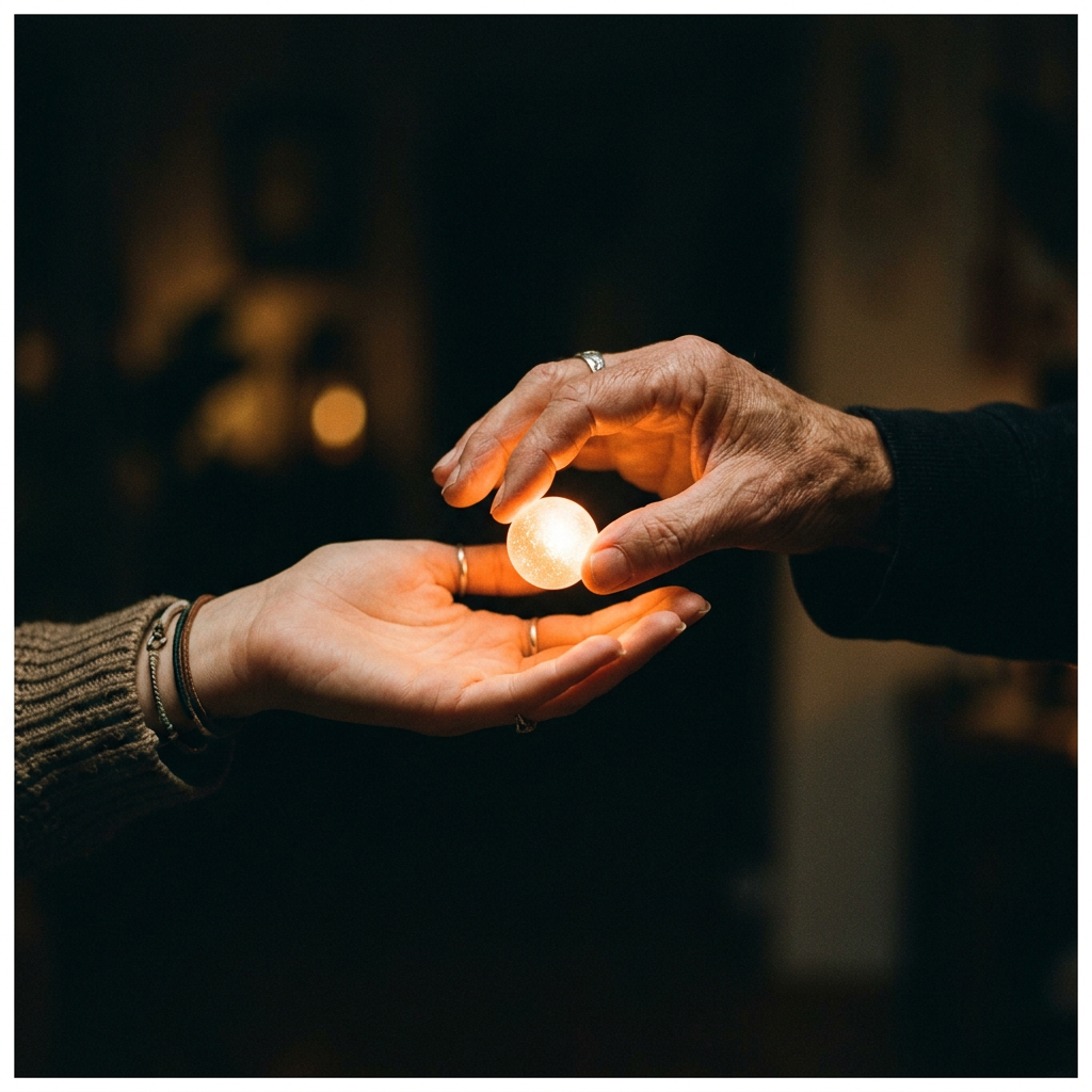 Older hand giving glowing orb to younger hand